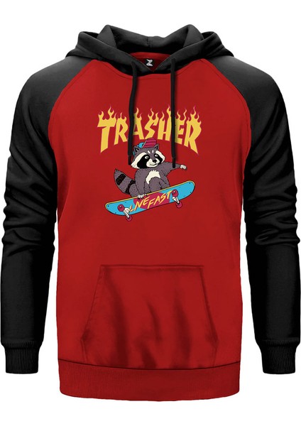 Thrasher Skate Racoon Kırmızı Renk Reglan Kol Kapşonlu Sweatshirt