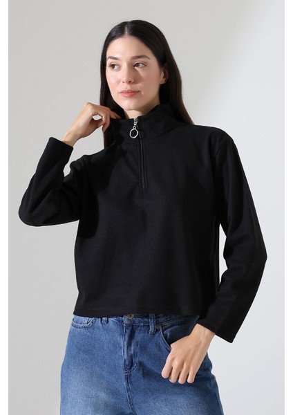 Selanik Fermuarlı Gömlek Yaka Basic Kadın Sweatshirt 21986 Siyah