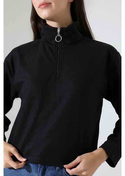 Selanik Fermuarlı Gömlek Yaka Basic Kadın Sweatshirt 21986 Siyah fiyatları