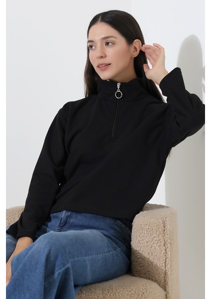 Selanik Fermuarlı Gömlek Yaka Basic Kadın Sweatshirt 21986 Siyah modelleri