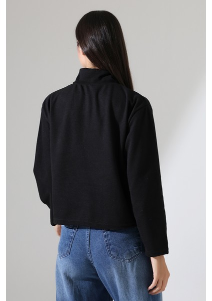 Selanik Fermuarlı Gömlek Yaka Basic Kadın Sweatshirt 21986 Siyah fırsatları