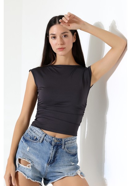 Kayık Yaka Japone Kol Büzgülü Basic Kolsuz Kadın T-Shirt 21895 Füme modelleri