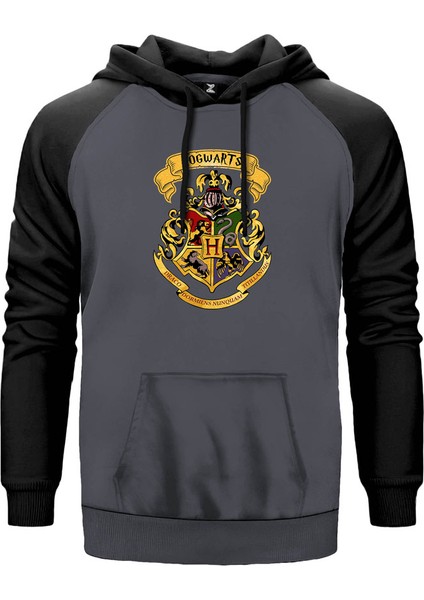 Harry Potter Hogwarts Logo Gri Renk Reglan Kol Kapşonlu Sweatshirt