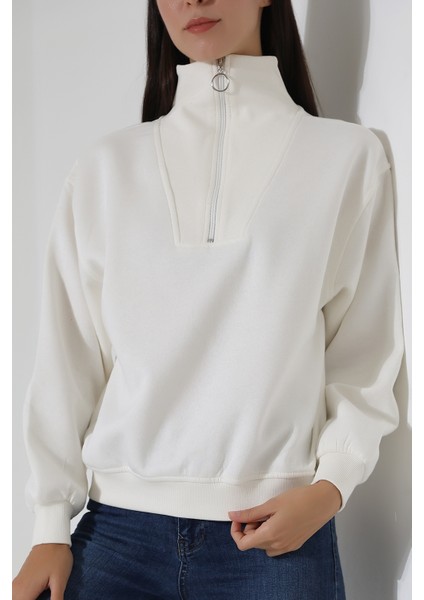 Fermuarlı Gömlek Yaka Oversize Geniş Salaş Basic Kadın Sweatshirt 21971 Ekru fiyatları