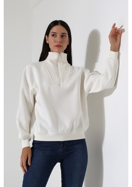 Fermuarlı Gömlek Yaka Oversize Geniş Salaş Basic Kadın Sweatshirt 21971 Ekru modelleri