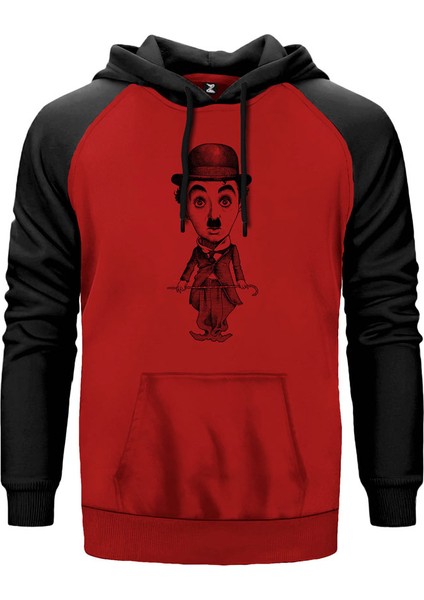 Charlie Chaplin Karikatür Kırmızı Renk Reglan Kol Kapşonlu Sweatshirt