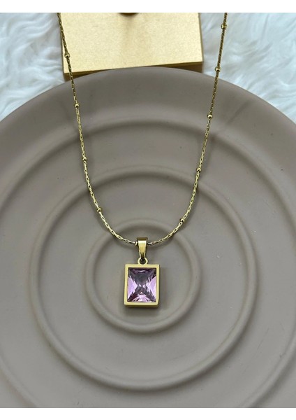 Pembe Taşlı Gold Çelik Kolye