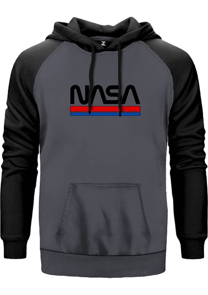 Nasa Red Blue Gri Renk Reglan Kol Kapşonlu Sweatshirt