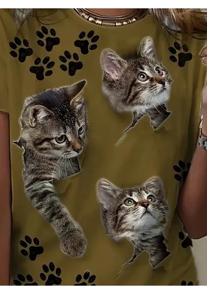 Kadın Kısa Kollu Kedi ve Pati Baskılı Süprem T-Shirt