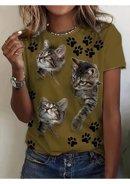 Kadın Kısa Kollu Kedi ve Pati Baskılı Süprem T-Shirt