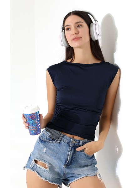 Kayık Yaka Japone Kol Büzgülü Basic Kolsuz Kadın T-Shirt 21895 Lacivert