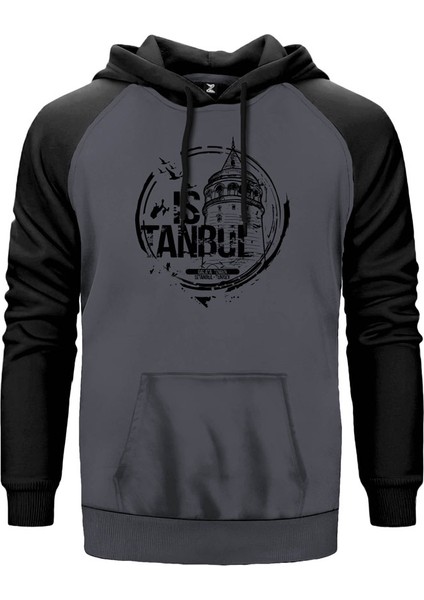 Istanbul Galata Tower Gri Renk Reglan Kol Kapşonlu Sweatshirt