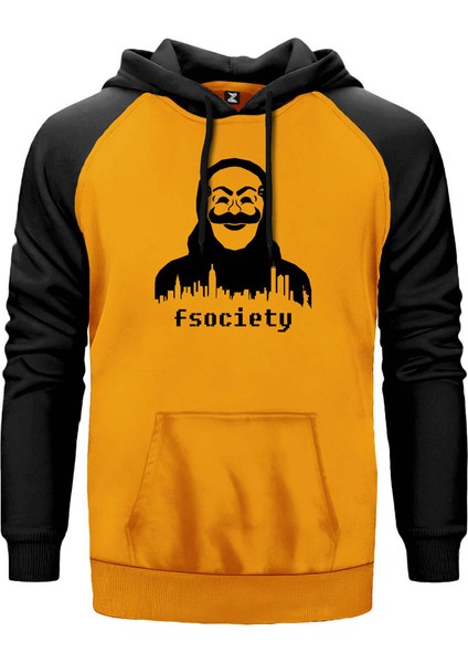 Mr.robot Fsociety Mask Sarı Renk Reglan Kol Kapşonlu Sweatshirt