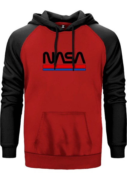 Nasa Red Blue Kırmızı Renk Reglan Kol Kapşonlu Sweatshirt