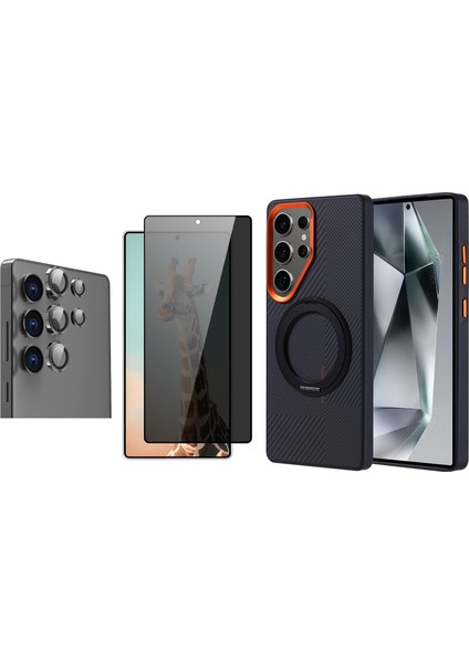 Galaxy S25 Ultra Kılıf M-safe Şarj Özellikli Karbon Fiber Görünümlü Zore Standlı Troy Kapak + Sapphire Kamera Lens + Hayalet Ekran Koruyucu