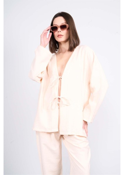Çetinkaya Fithit 5182 Kadın Bağcıklı Rossi Kimono Ceket Bej