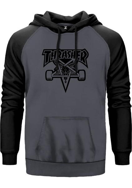 Thrasher 666 Gri Renk Reglan Kol Kapşonlu Sweatshirt