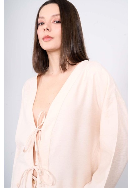 Çetinkaya Fithit 5182 Kadın Bağcıklı Rossi Kimono Ceket Bej