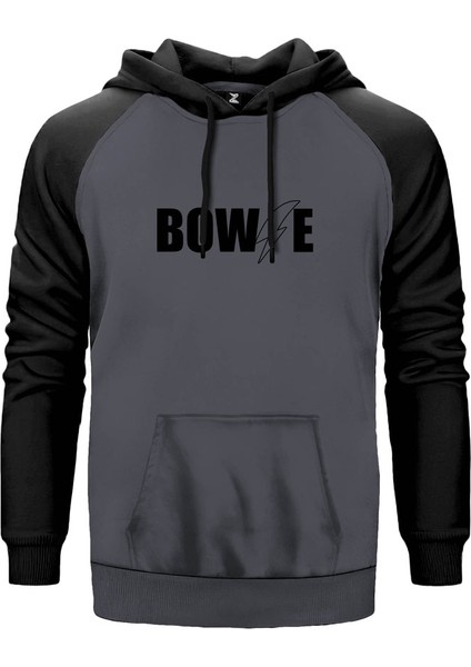 David Bowie Logo Gri Renk Reglan Kol Kapşonlu Sweatshirt