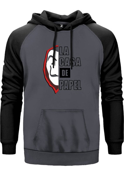 La Casa De Papel Half Face Gri Renk Reglan Kol Kapşonlu Sweatshirt