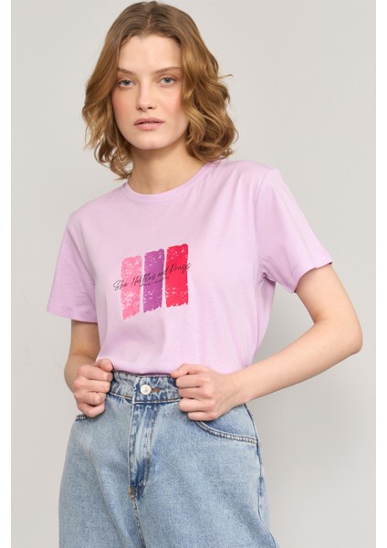 Çetinkaya Fithit 8479 Bayan Bisiklet Yaka 30/1 Compact Penye Süprem Baskılı T-Shirt Lila
