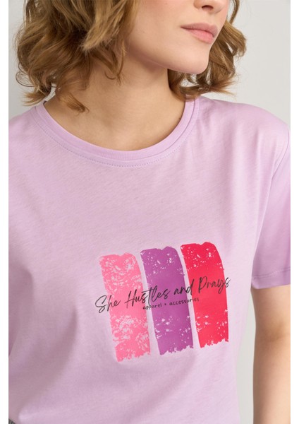 Çetinkaya Fithit 8479 Bayan Bisiklet Yaka 30/1 Compact Penye Süprem Baskılı T-Shirt Lila modelleri