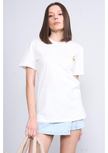 Çetinkaya Fithit 8414 Bayan Bisiklet Yaka 30/1 Penye Süprem Regular T-Shirt Krem