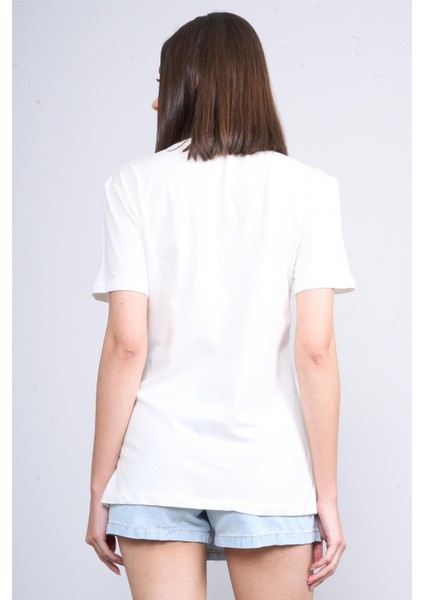 Çetinkaya Fithit 8414 Bayan Bisiklet Yaka 30/1 Penye Süprem Regular T-Shirt Krem