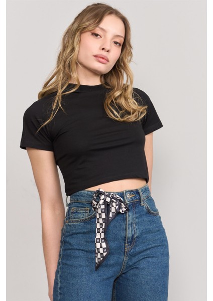 Çetinkaya Fithit 8429 Bayan Bisiklet Yaka 30/1 Compact Penye Süprem Crop T-Shirt Siyah