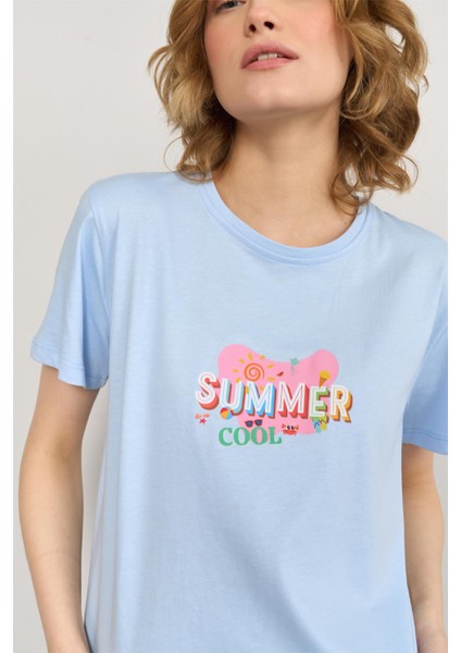 Çetinkaya Fithit 8493 Bayan Bisiklet Yaka 30/1 Compact Penye Süprem Baskılı T-Shirt Açık Mavi modelleri