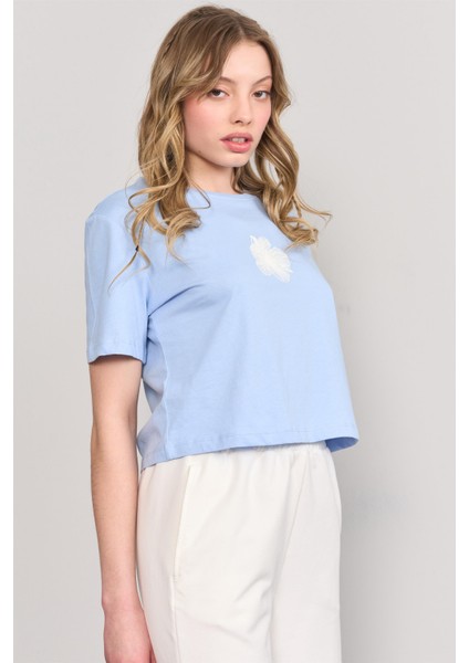 Çetinkaya Fithit 8310 Bayan Bisiklet Yaka 30/1 Penye Baskılı Crop T-Shirt Açık Mavi