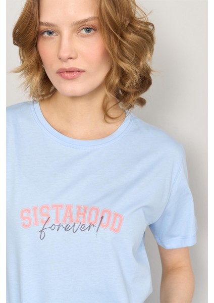 Çetinkaya Fithit 8482 Bayan Bisiklet Yaka 30/1 Compact Penye Süprem Baskılı T-Shirt Açık Mavi modelleri