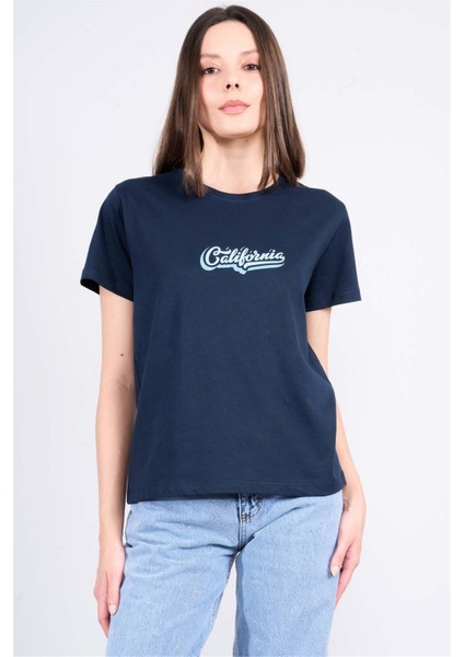 Çetinkaya Fithit 8483 Bayan Bisiklet Yaka 30/1 Compact Penye Süprem Baskılı T-Shirt Lacivert