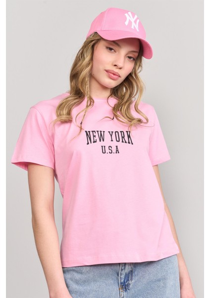 Çetinkaya Fithit 8488 Bayan Bisiklet Yaka 30/1 Compact Penye Süprem Baskılı T-Shirt Pembe