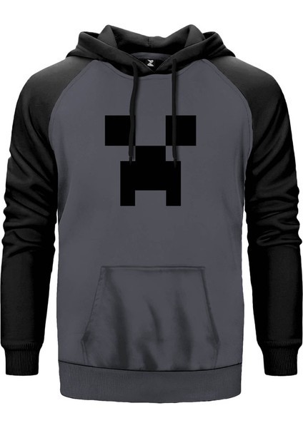 Minecraft Creeper Face Gri Renk Reglan Kol Kapşonlu Sweatshirt