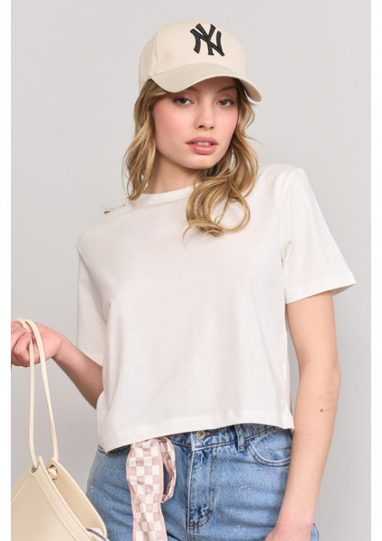 Çetinkaya Fithit 8286 Bayan Bisiklet Yaka 30/1 Compact Penye Süprem Crop T-Shirt Krem