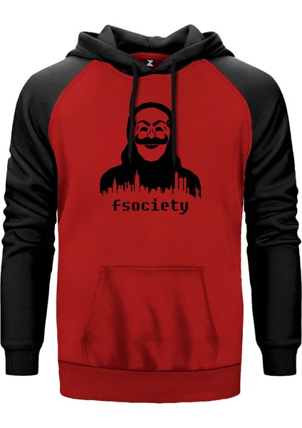 Mr.robot Fsociety Mask Kırmızı Renk Reglan Kol Kapşonlu Sweatshirt