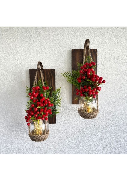 Duvar Dekoru, LED Işıklı, Kokina Yılbaşı Çiçeği, Balkon Dekoru, Ceviz Ikili Set