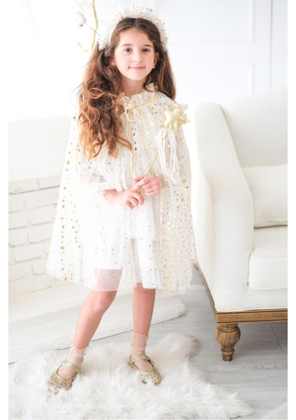 Ekru Kız Çocuk Yıldızlı Pelerin Asa ve Taç Set