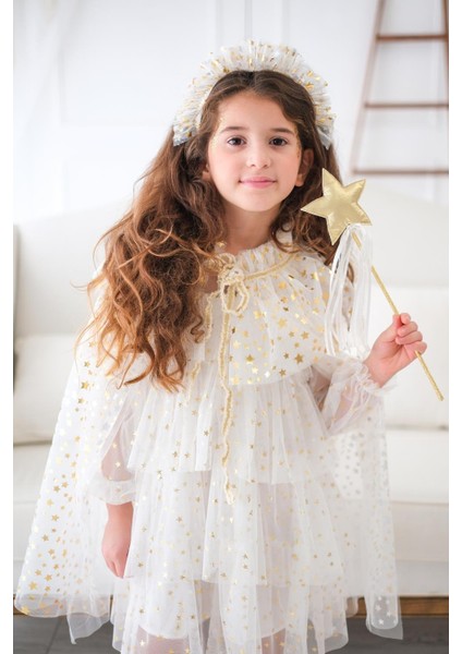 Ekru Kız Çocuk Yıldızlı Pelerin Asa ve Taç Set fiyatları