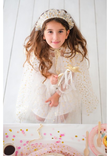 Ekru Kız Çocuk Yıldızlı Pelerin Asa ve Taç Set modelleri