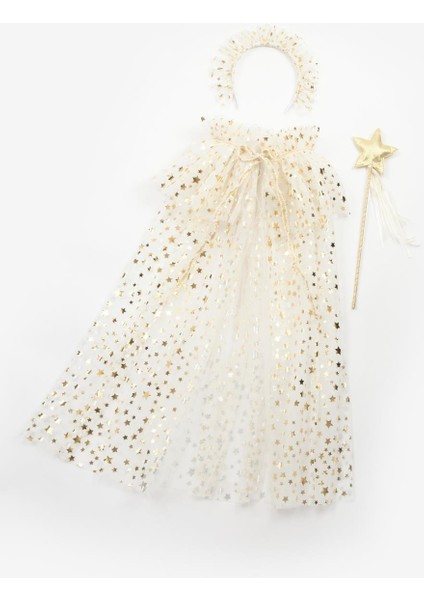 Ekru Kız Çocuk Yıldızlı Pelerin Asa ve Taç Set indirimleri