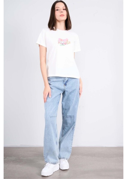 Çetinkaya Fithit 8493 Bayan Bisiklet Yaka 30/1 Compact Penye Süprem Baskılı T-Shirt Krem fiyatları