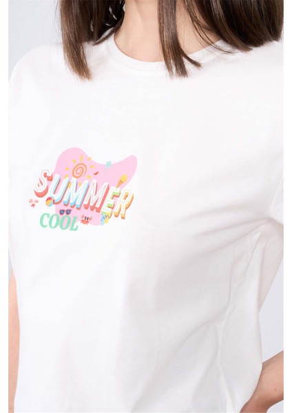 Çetinkaya Fithit 8493 Bayan Bisiklet Yaka 30/1 Compact Penye Süprem Baskılı T-Shirt Krem modelleri