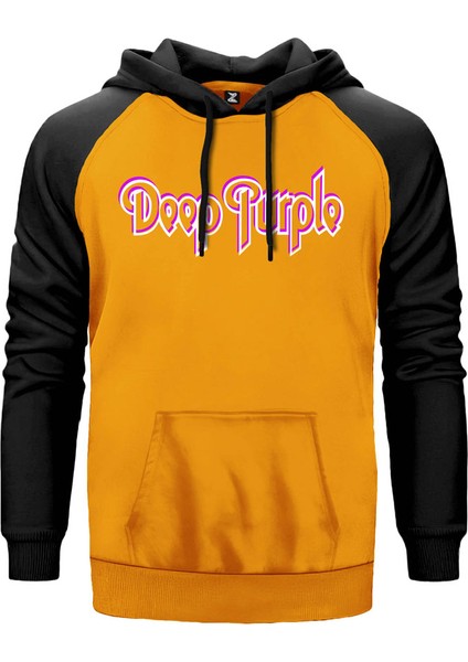 Deep Purple Logo Outline Sarı Renk Reglan Kol Kapşonlu Sweatshirt