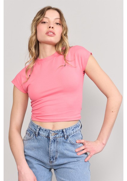 Çetinkaya Fithit 3266 Bayan Bisiklet Yaka 30/1 Compact Penye Süprem Crop T-Shirt Nar Çiçeği
