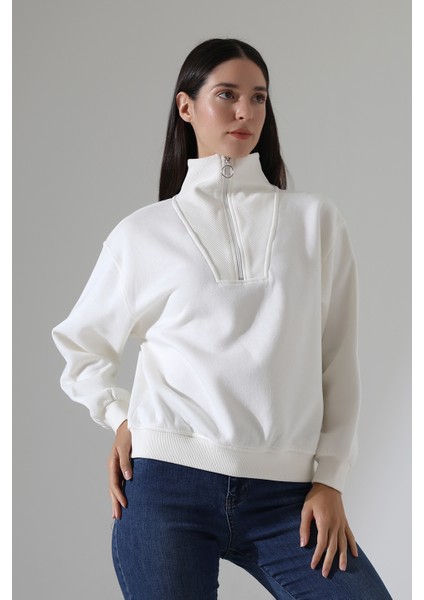 Fermuarlı Gömlek Yaka Oversize Geniş Salaş Basic Kadın Sweatshirt 21971 Ekru