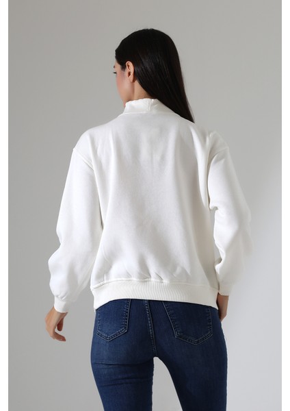 Fermuarlı Gömlek Yaka Oversize Geniş Salaş Basic Kadın Sweatshirt 21971 Ekru fırsatları