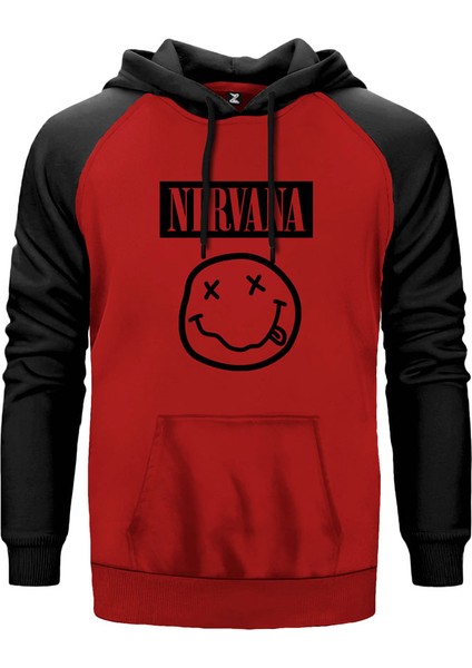 Nirvana Smile Kırmızı Renk Reglan Kol Kapşonlu Sweatshirt