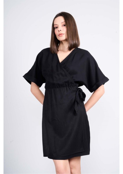 Çetinkaya Fithit 6361 Kadın V Yaka Bağlamalı Tencel Elbise